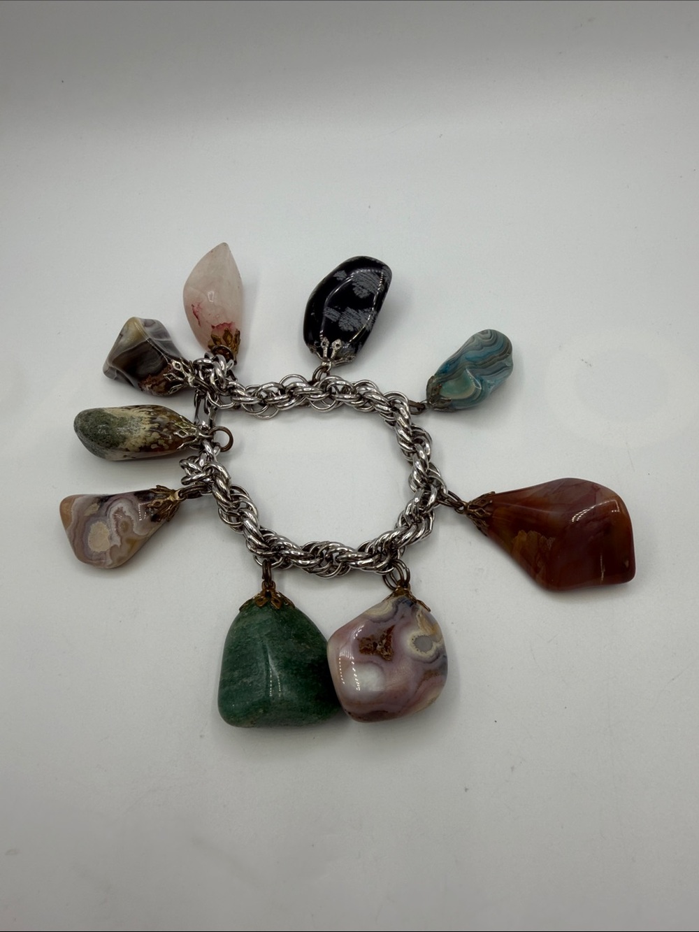 Vintage Signed Coro Charm Bracelet with Unique Tumbled Stone Charms